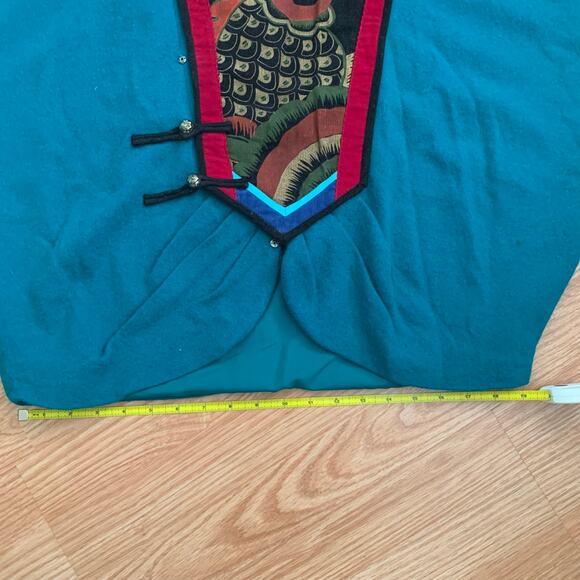 Vintage Blue Green Chinese Corduroy Embroidered Fish Sweater Jacket Sz M (apprx) - Picture 13 of 16